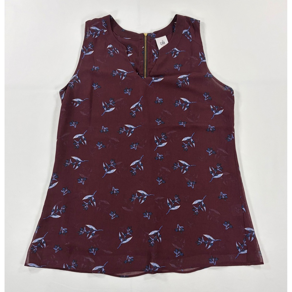 Cabi Sheer Layered Floral Tank Top Burgundy V-Neck Back‎ Zipper Women's Medium M